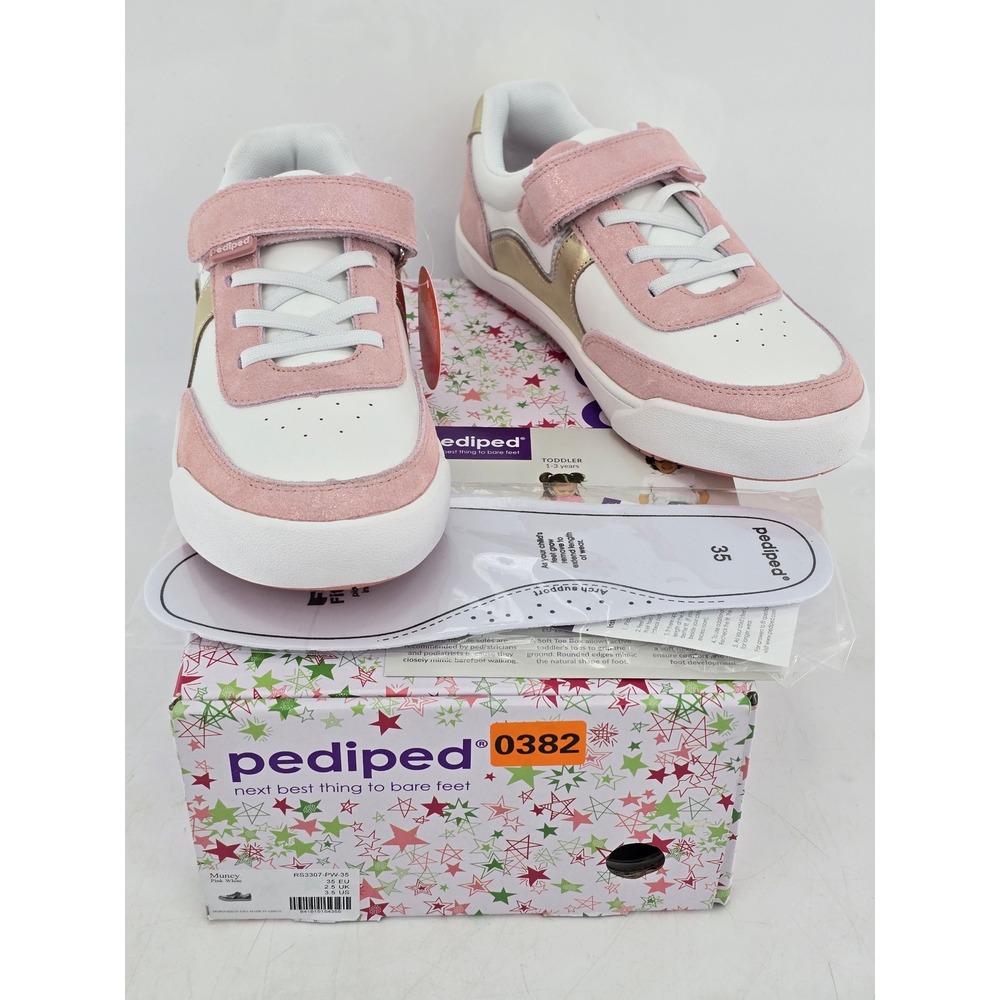 pediped Muncy Sneakers Girls Size 3.5‎ Pink White Glitter Hook Loop -NEW